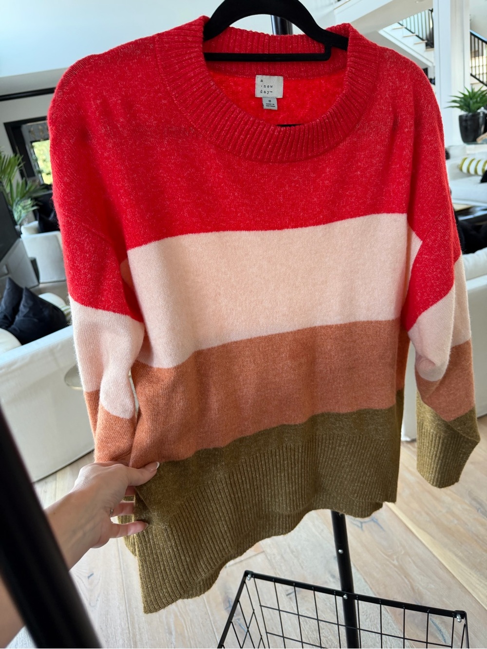 Striped Crewneck Sweater in Red, Pink, Brown & Olive - Women's